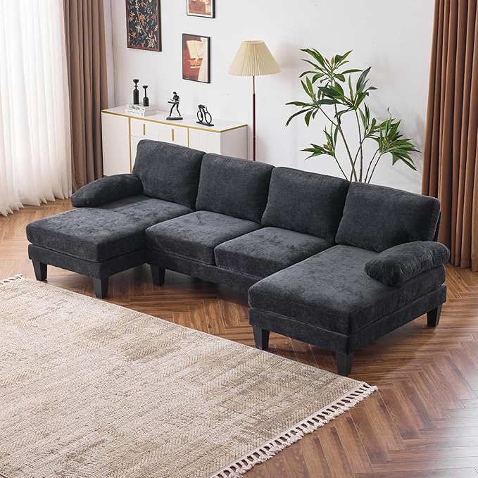 VINGLI 110 Sectional Couches for Living RoomU Shaped Couch with Double Chaise 4-Seat Sofa Set with Chenille Fabric for Home FurnitureBlack