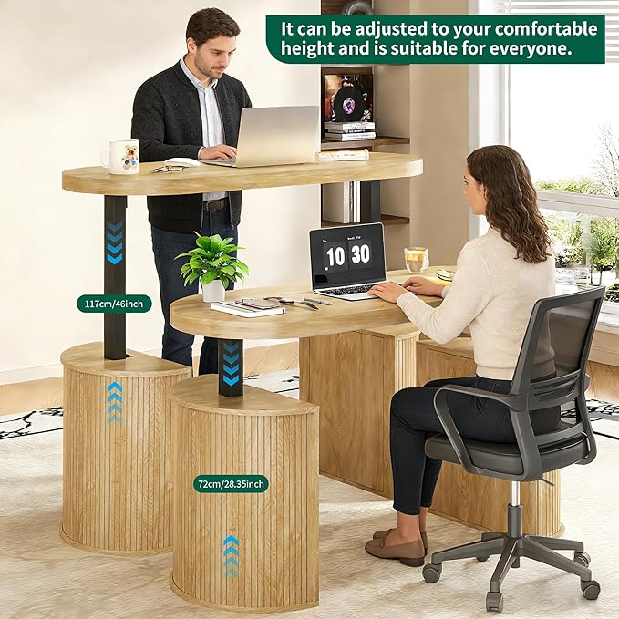 Mid Century Modern Electric Standing Desk with Storage 55 x 22 Inch Small Sit Stand Up Desk Wood Adjustable Height Computer Executive Desk for Home Office Laptop Oak