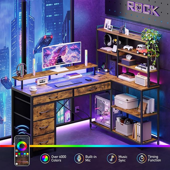 L Shaped Computer Desk with Drawers 53'' Gaming Desk with Storage Shelves Corner Computer Desk with Power Outlets &amp LED Light Home Office Desk with Monitor Stand and Pegboard Rustic Brown