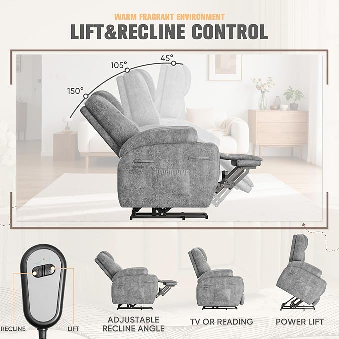 Flamaker Power Lift Recliner Chair Electric Lift Recliner for Elderly Power Lift Recliner Chair with Cup Holders Side Pockets for Living Room (Leathaire Light Gray)
