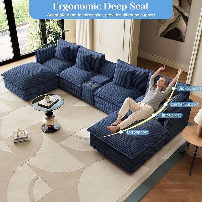 143 Oversized Modular Sectional Sofa U Shaped Cloud Couch 6 Seat Sofa Set for Living Room Comfy Corduroy Deep Seat with Storage Central Console Movable Ottomans USB Ports Cup Holders Blue