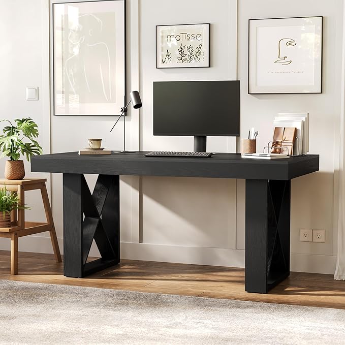 LITTLE TREE 63-Inch Long Computer Desk Simple Wood Thick Appearance Design Study Writing Gaming Work Executive Desk for Home Office Black