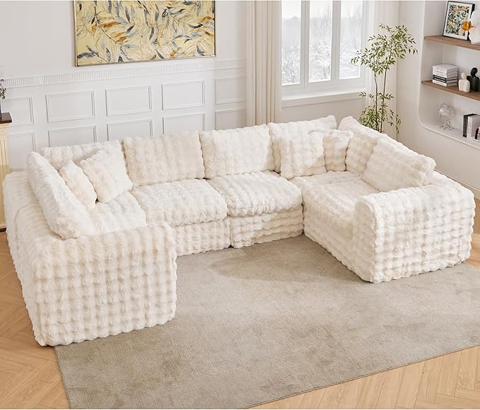 TYBOATLE 135’’ Boneless Slow-Rebound Memory Foam Couch Cloud Sectional Couches for Living Room w/Upgraded Fabric Deep Seat Comfy Fluffy U Shaped Modular Sectional Sofa w/Chaise Beige