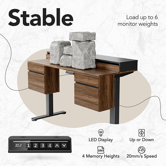HUANUO Electric Standing Desk with 6 Drawers 55 Inch Height Adjustable Stand Up Desk with Storage Computer Workstation Compatible with Monitor Stand for Home Office Black Walnut