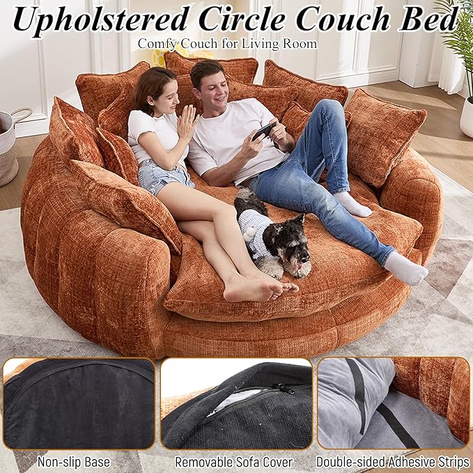 81'' Cloud Couches for Living Room Comfy Circle Round Couch Bed with 14 Pillows Upholstered Boneless Couch Oversized Chaise Lounge Chair Indoor Extra Wide Round Daybed Floor Sofa (Orange)