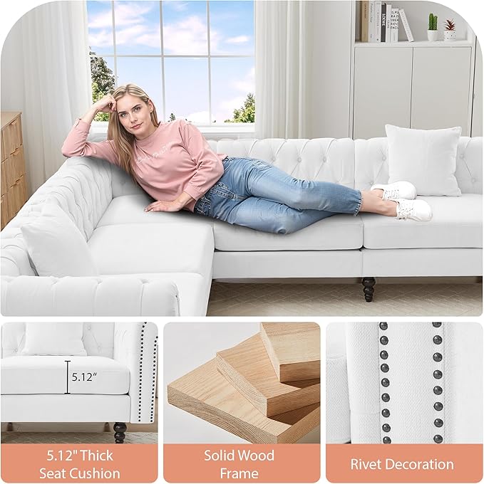 AVZEAR Chesterfield Modular Sectional Sofa Comfy Linen Fabric Couch Sectional with 2 Pillows Modern Upholstered Couches Living Room Furniture Sets for Living Room Bedroom and Apartment White