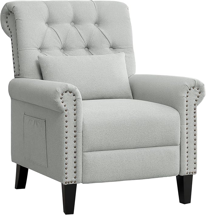Pushback Recliner Chair Accent Push Back Chair Set of 2 with Adjustable Footrest Upholstered Linen Reclining Sofa with Side Pocket Comfy Modern Armchair for Living Room Light Grey