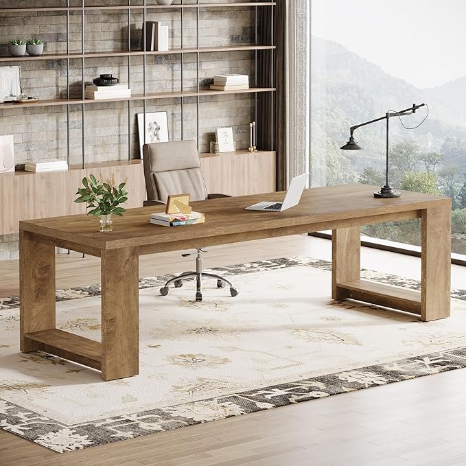 Tribesigns Two Person Desk 86.6 Inches Extra Long Desk Double Computer Writing Table Wood Large Desks Workstation for Home Office Natural Wood