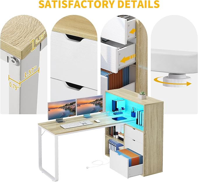 DWVO L Shaped Desk with Drawers 55 Corner Computer Desk with Bookshelf &amp Power Outlets &amp LED Lights Home Office Desk with Storage Shelves Oak &amp White