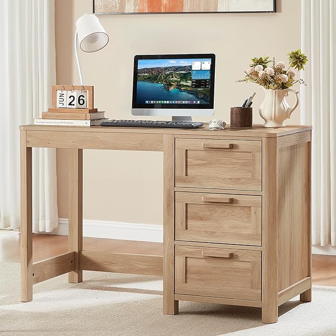 Office Desk 48 with 3 Drawers Storage File Cabinet Wood Farmhouse Desk for Computer Office Bedroom Home Furniture Natural