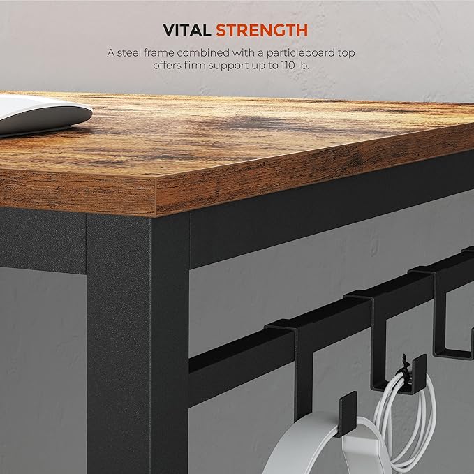 VASAGLE Computer Desk Office Desk with 8 Hooks for Study Home Office Easy Assembly Industrial Design 47.2 x 23.6 x 29.5 Inches Rustic Brown ULWD58X