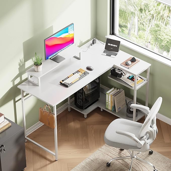 DEVAISE 47 Inch L Shaped Gaming Desk with LED Lights &amp Power Outlets Corner Desk for Small Spaces Sturdy PC Computer Table with Storage for Home Office White