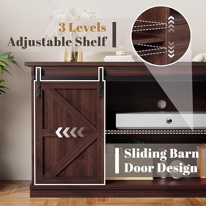 YESHOMY Farmhouse TV Stand for Televisions up to 65 Inch Wood Entertainment Center with Sliding Barn Doors and 4 Storage Drawers 58’’ Media Console Cabinet with Shelves for Living Room Espresso