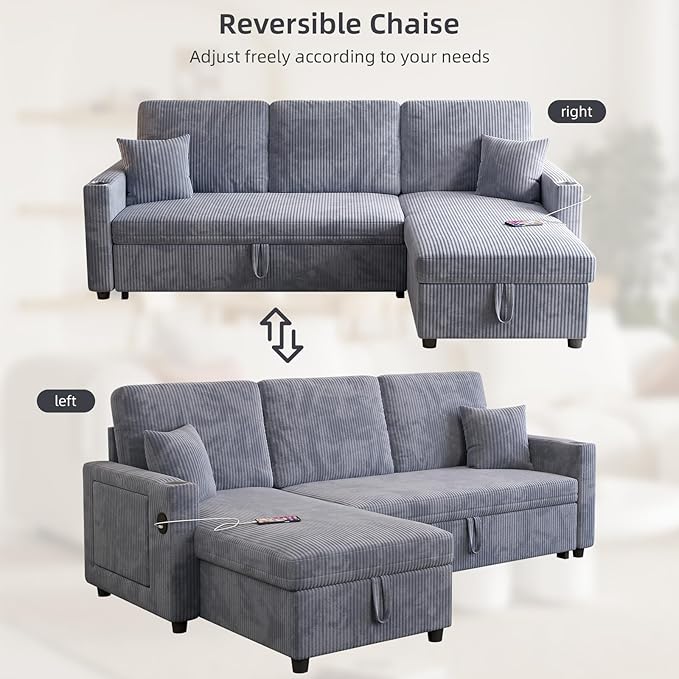 L-Shape Sleeper Sofa with Storage &amp Ports Pull-Out Couch Bed with Cup Holders Side Pockets &amp Side Table for Living Room Apartment Grey