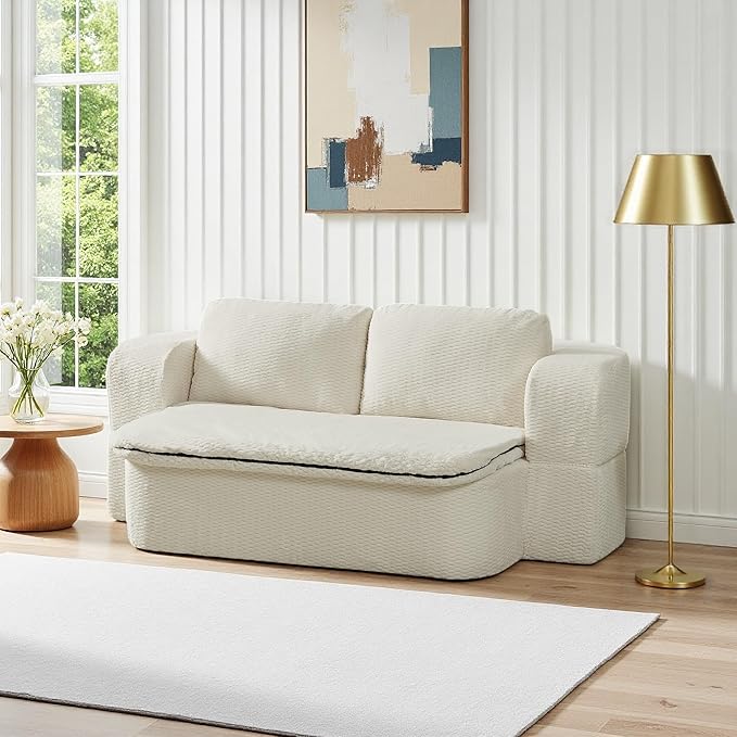 74.8 Inch Convertible Sleeper Sofa Bed Compressed Loveseat Sofa Folding Floor Mattress with Pillows and Blanket Small Couches for Living Room Bedroom Lounge No Assembly Required (Beige)