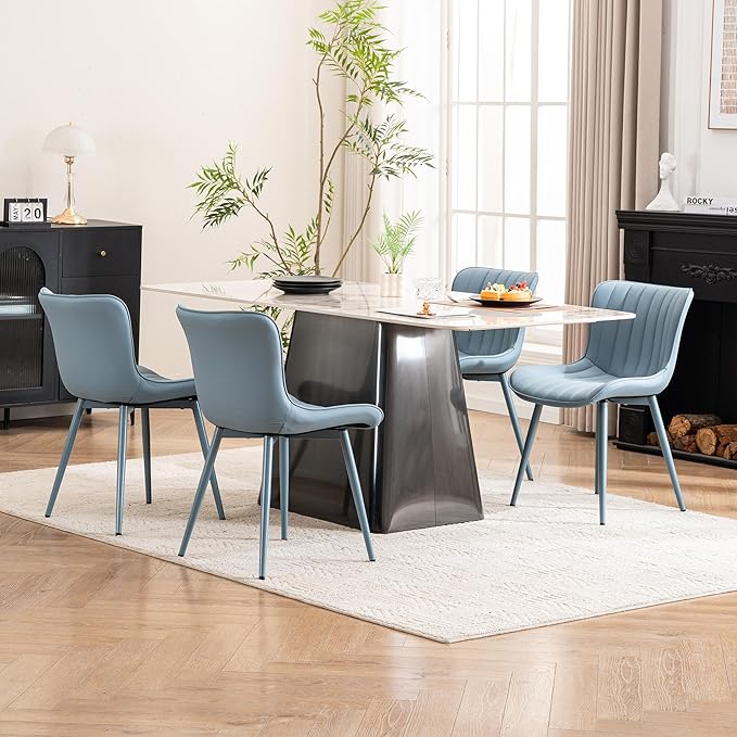 YOUNUOKE Mid-Century Modern Dining Chairs Set of 2 Blue PU Leather Upholstered Kitchen Chairs with Blue Metal Legs Armless Accent Chair for Dining Room Guest Reception Room