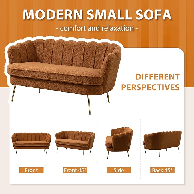 Aoiy &amp Wifon 59 W Comfy Small Loveseat for Small Spaces Upholstered 2-Seat Settee Loveseat with Metal Legs Boucle Caramel