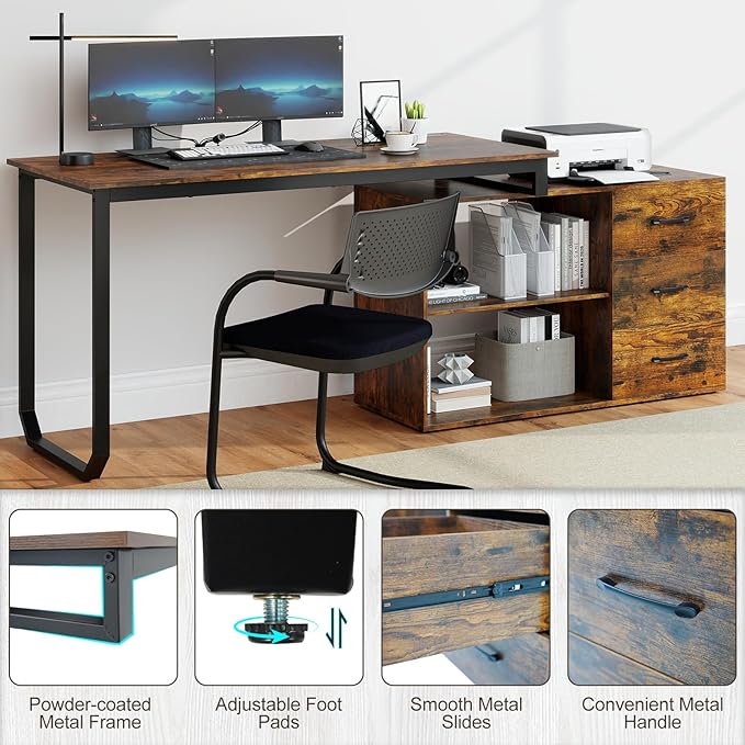 Giantex 55 Inch L-Shaped Desk with Charging Station Reversible Computer Desk with 3 Drawers Adjustable Shelf Large Computer Workstation Corner Desk for Small Spaces Home Office (Rustic Brown)