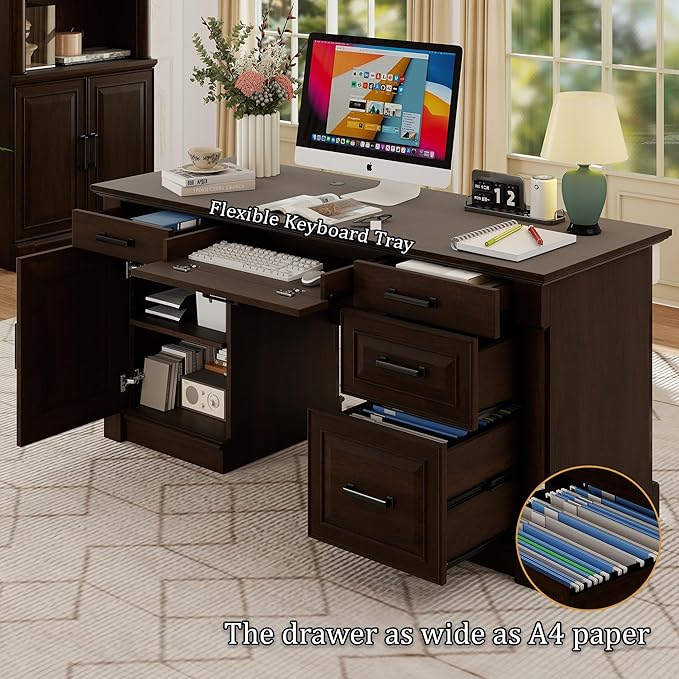 blini Large Farmhouse Executive Desk with DrawersWood Computer DeskEmbossed Texture Home Office Desk with File Cabinet Storage Cable Management Keyboard TrayWorking Table for Work Study Writing