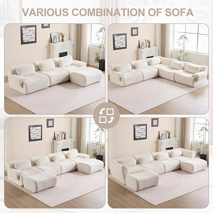 Multiple Modular Boneless Couches for Living Room Cloud Sectional Sofa with Comfy Deep Seat Oversized 3 Seater Couch for Bedroom Apartment No Assembly 3 Modules Combined Beige