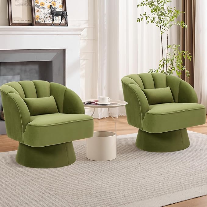 Swivel Barrel Chair - Velvet Upholstered Modern Armchair with Striped Backrest &amp Plush Padding Round Lounge Chair for Living Room Bedroom Small Spaces Green - (1 Pcs)