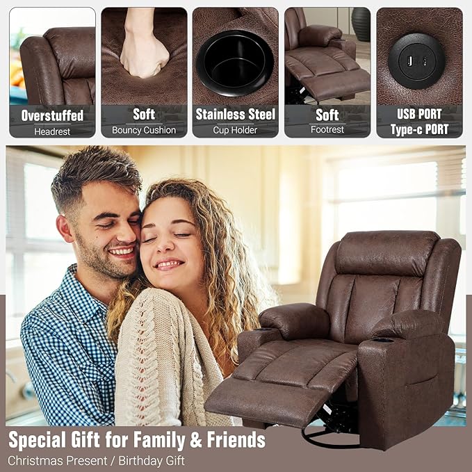 LEVELEVE Retro Rocking Recliner Chair Massage Chair with Vibration Massage and Heat USB and Type-C Ports360° Swivel ChairsLiving Room Bedroom Nursery RV Brown