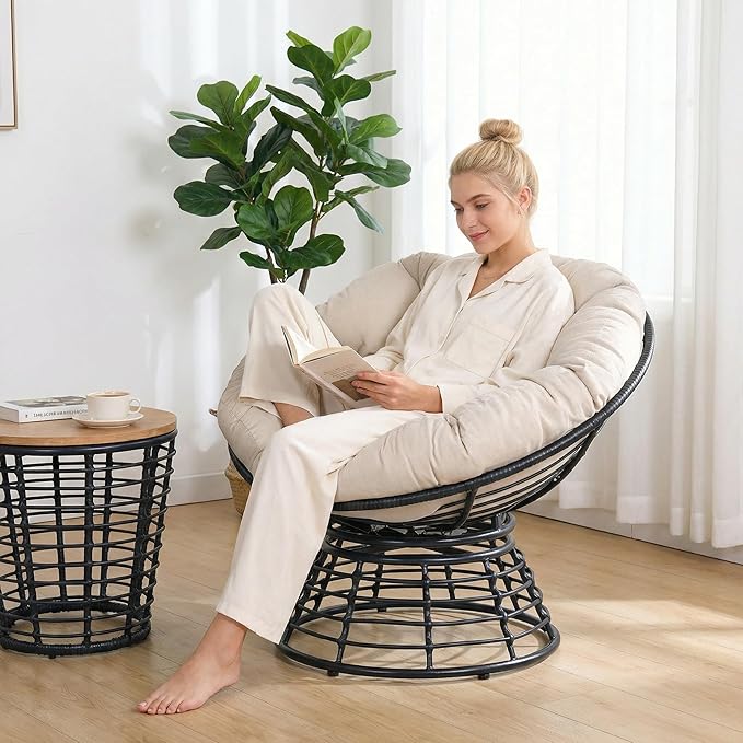 43 Ergonomic 360° Swivel Papasan Chair Wicker Round Chair with Thick Cushion Lounge Chair for Living Room Bedroom Reading Nook Indoor Outdoor Use (Black + Light Gray)