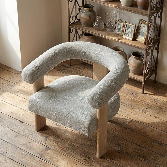 VKNOW Accent Chair Living Room Chair Modern Upholstered Arm Chair with Solid Wood Legs Comfy Barrel Accent Chair for Living Room Bedroom Dark Grey