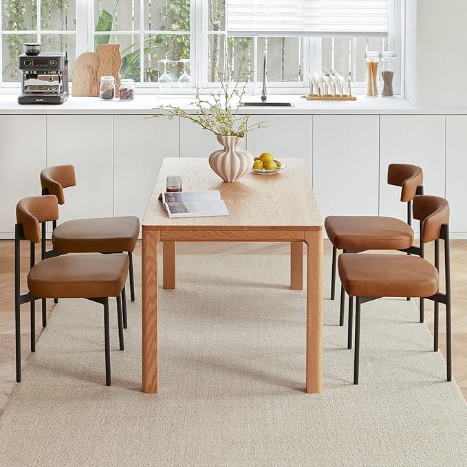 Brown Faux Leather Dining Chairs Set of 4 Armless Upholstered Kitchen ChairModern Dining Room Chair with Curved Backrest