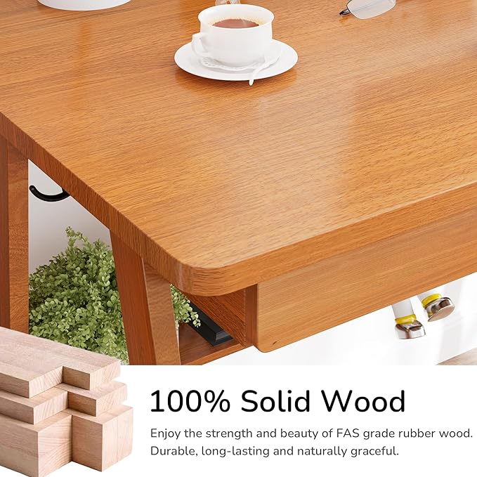 100% Solid Wood Writing Desk - 47.2 Mid Century Modern Desk Home Office Desks with 2 Drawers and Storage Shelf Small Computer Desks Study Makeup Workstation for Bedroom/Living Room Walnut