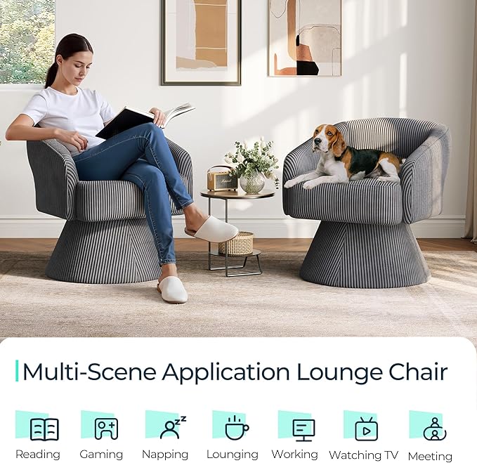 LINSY Swivel Chairs Set of 2 360 Modern Swivel Accent Chair Boucle Barrel Accent Chair Gray Corduroy Chair Small Round Chair for Small Spaces Bedroom Living Room