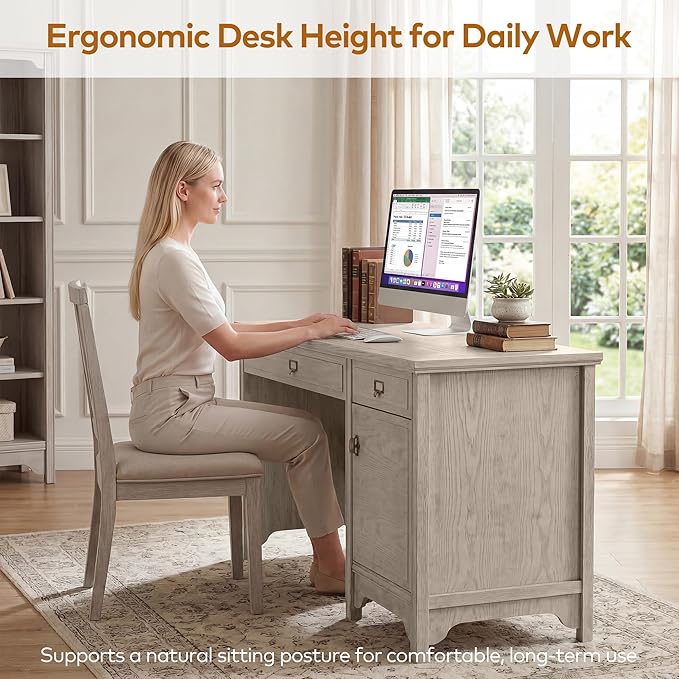 Chogori 47 Solid Wood Executive Desk Farmhouse Office Computer Desk with 2 Drawers &amp Storage Cabinet Wooden Writing Table for Home Office Study Bedroom (Gray)