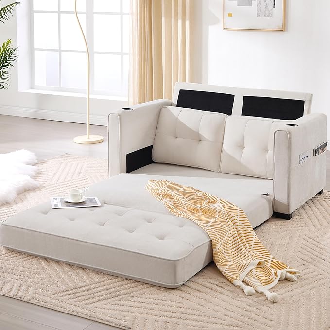 Convertible Sofa Bed Pull Out Loveseat Sleeper CouchLinen Fabric 2 in 1 Folding Couch Bed Fold Out Floor Futon Couches with Cup Holder for Living Room BedroomSmall Space Beige