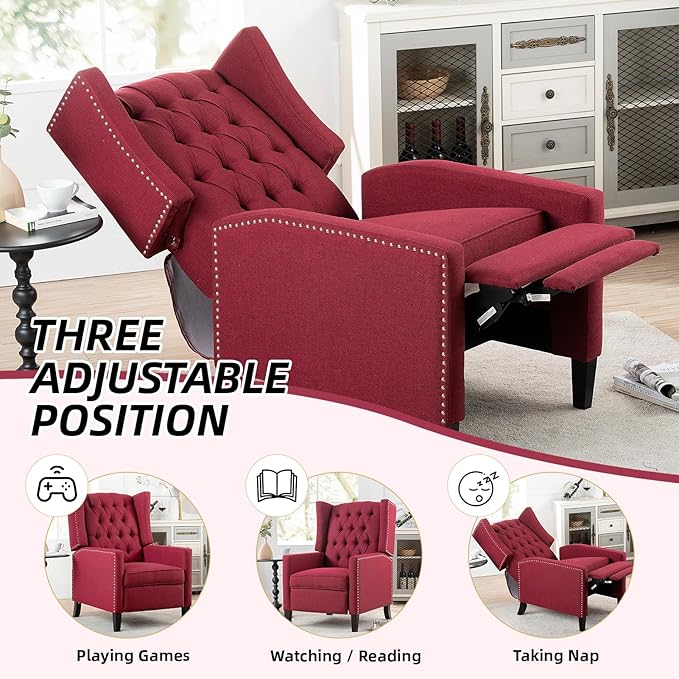 Wing Back Recliner Chair for Living Room Push Back Reclining Chairs Club Accent Chair Lounge Armchair Comfy Fabric Arm Chair with Rivet Decoration Tufted Back Solid Wood Legs Red