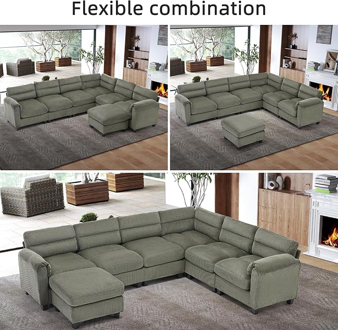 CANMOV Modular Sectional Couches with Ottoman Convertible U Shaped Sofa Couch 7 Seat Sofa with Chaise for Living RoomCorduroy Couch Green