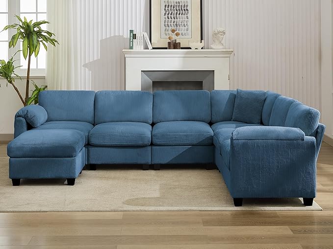 DRMBOOK 115'' U Shaped Modular Sectional Cloud Couch Comfy Corduroy 6 Seater Sofa with Curved Armrest Modern Deep Seat Modular Sofa for Living Room (Blue 5 Seat+1 Corner+1 Ottoman)