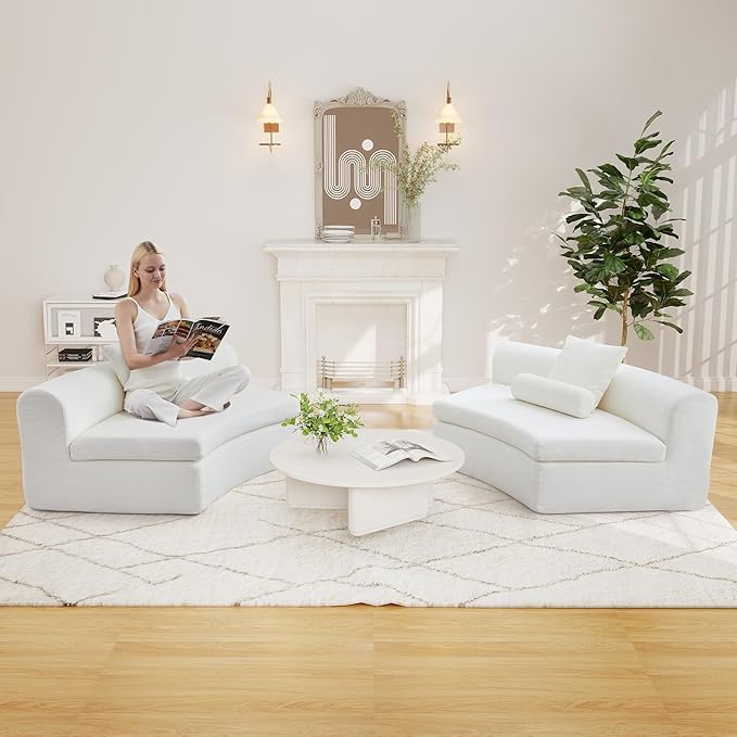 AVZEAR Curved Modular Sectional Sofa Chenille Upholstered Cloud 3 Seater Couch for Living Room No Assembly Modern Love Seat Sofa with 3 Bolster Pillows &amp 3 Square Pillows High-Density Foam Whi