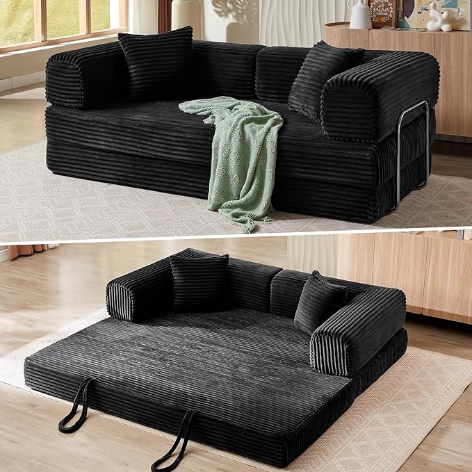 4-in-1 Convertible Folding Sleeper Sofa Bed Plush Corduroy Foldable Mattress Couch with Fixed-Shape Frame Floor Compressed Sofa for Living Room Bedroom (Black)