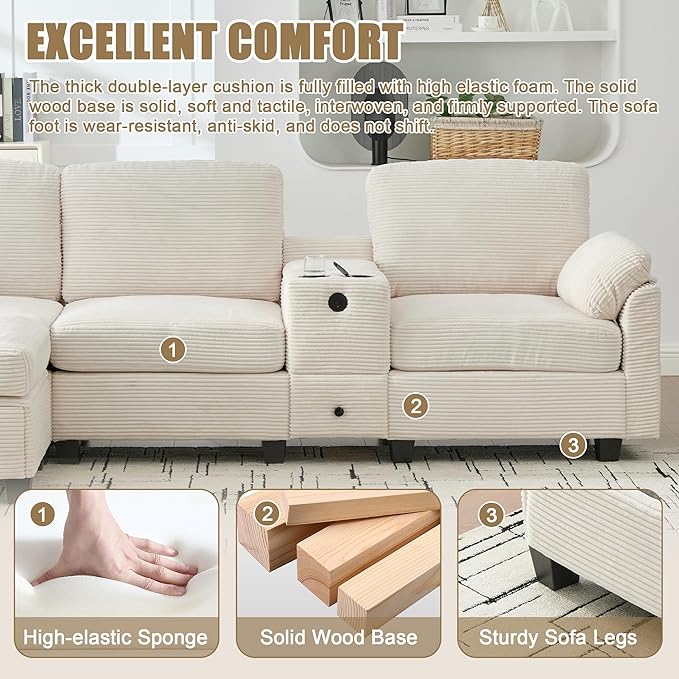 KEIKI 105 L-Shaped Oversized Corduroy Modular Sectional Sofa with 1 Ottoman and Multi Functional Console 4-Seater Upholstered Couch with USB and 2 Cup Holder Easy Assembly for Living Room Beige