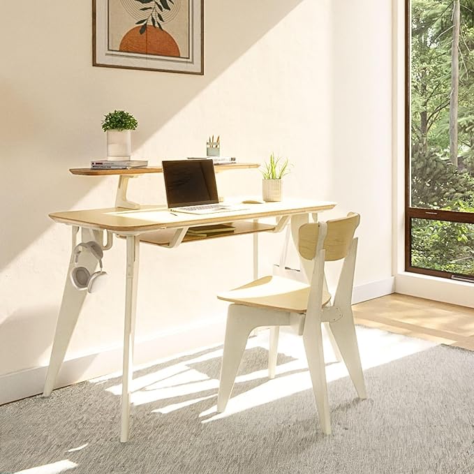 HOEK Modern Collapsible Work from Home Desk Bundle Durable Laminate Surface Portable Folding Computer Desk with 47.5 x 23 Easy Tool-Free Assembly Compact Study and Office Table (Birch/White)