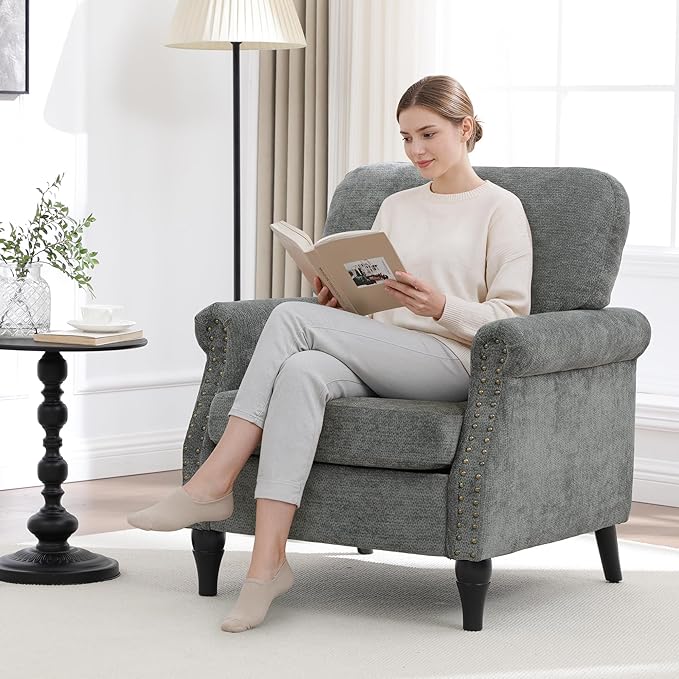 Accent Chair for Living Room Modern Mid Century Reading Chair Armchair High Back Upholstered Armchair with Wooden Legs for Office Apartment Small Room 1PCS LIGHTGREY