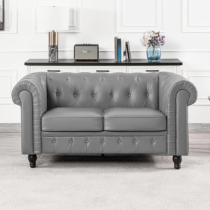 Naomi Home Chesterfield Sofa Set with Accent Chair Modern Leather Living Room Furniture with Tufted Design Perfect for Bedroom or Living Room Dcor Gray/PU/Loveseat