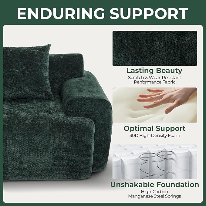 129.23”Modular Sectional Couch for Living Room Modren L-Shape Cloud Sectional 4-Seater Sofa with Movable Ottoman Woven Texture Upholstery Boneless Couch No Assembly Green