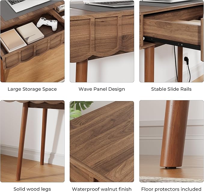 Pekdi Mid Century Modern Desk Modern Home Office Writing Desk with Open Storage Cubby and Small Drawer for Bedroom Small Space Walnut
