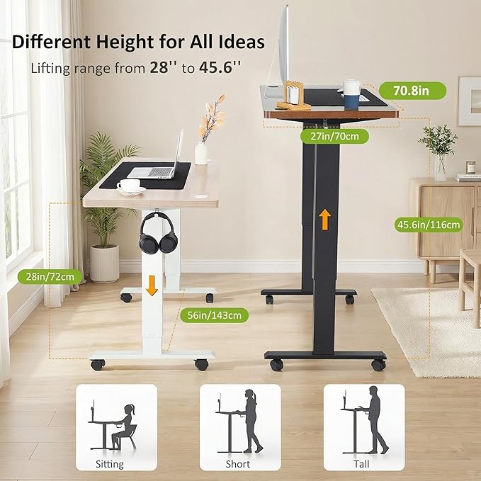farexon Electric Standing Desk Adjustable Height 71 x 28 Inch Sit Stand up Desk with Large Mouse Pad Double Metal Hook4 Wheels4 Memory Preset Heights Home Office Computer DeskOak Grey