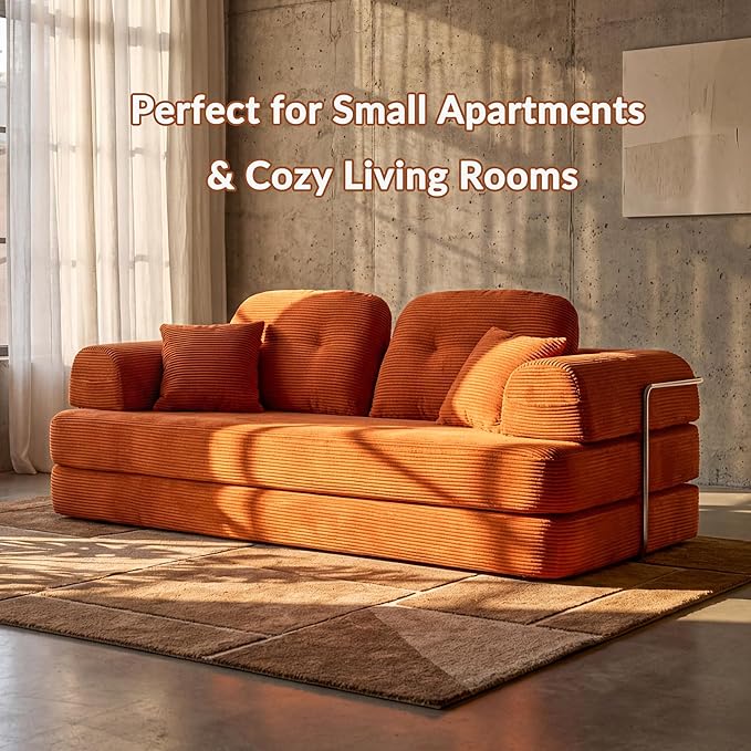 Convertible Modular Sofa Bed with Large Backrest Support &amp Storage Pockets Modern Corduroy Floor Couch for Small Apartment &amp Limited Space Ergonomically Designed Furniture (Orange 82'')