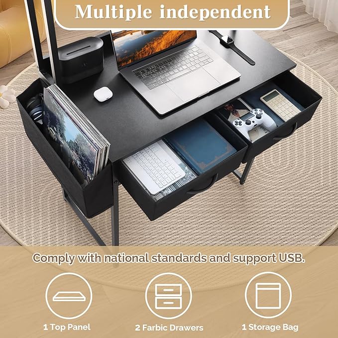 KATHY&ampBOB Freestanding Ladder Desk with Power Outlets Home Office Study Reading Desk with 2 Fabric Drawers and Side Bag Open Shelf Computer Gaming Desk Modern Vanity Dressing Makeup Table