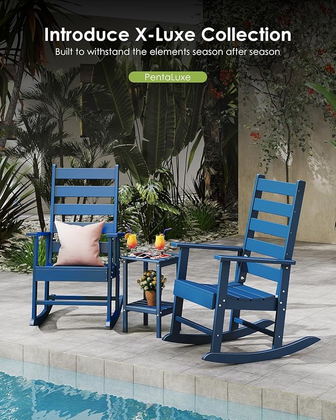 GREENVINES Outdoor-Rocking-Chair | HDPE Plastic | Patio Rockers | Porch Rocker Chairs | Shaker | Oversized | High Ladder Back | Big &amp Tall | PentaLuxe | Blue