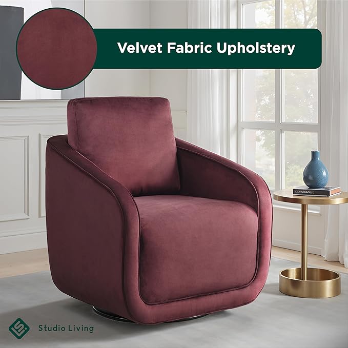 Studio Living® Lydia 35.3 Swivel Accent Chair Modern Boho Fully Assembled Pocket Coil Comfort Round Swivel Base Leg Soft Velvet Fabric Plum