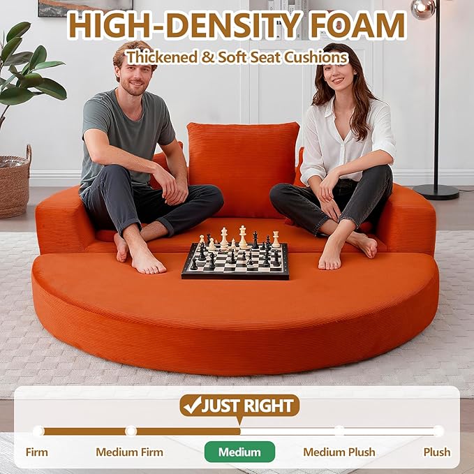 67” Foldable Couch Bed Corduroy Round Floor Couch with 3 Comfy Pillows 2 in 1 Convertible Sofa Bed for Living Room Apartment 380 LBS Capacity No Assembly (Orange)